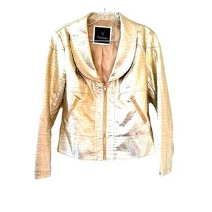 V Cristine Gold Leather Crocodile Jacket